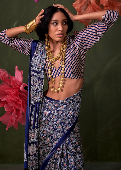 Blue Peinted Ajrakh - Satin Crepe Saree with Modern Touch Blouse.