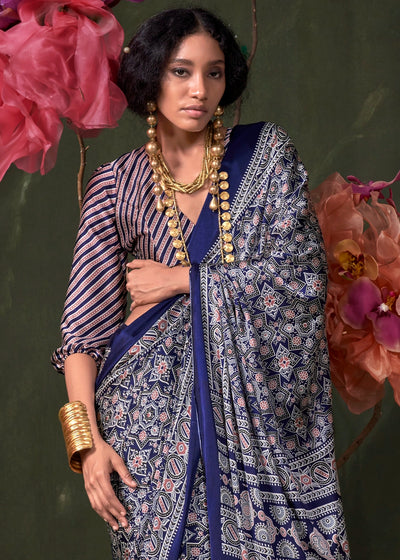 Blue Peinted Ajrakh - Satin Crepe Saree with Modern Touch Blouse.