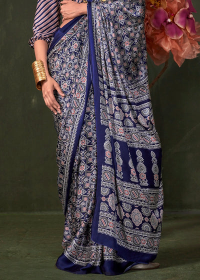 Blue Peinted Ajrakh - Satin Crepe Saree with Modern Touch Blouse.