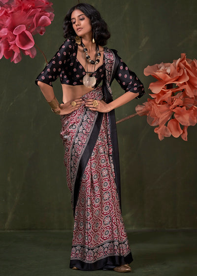 Black and Red Peinted Ajrakh - Satin Crepe Saree with Modern Touch Blouse.