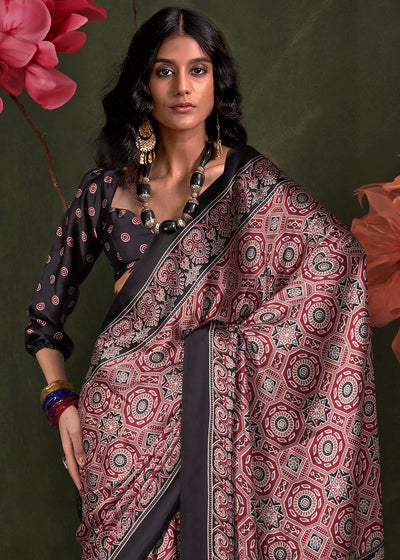 Black and Red Peinted Ajrakh - Satin Crepe Saree with Modern Touch Blouse.