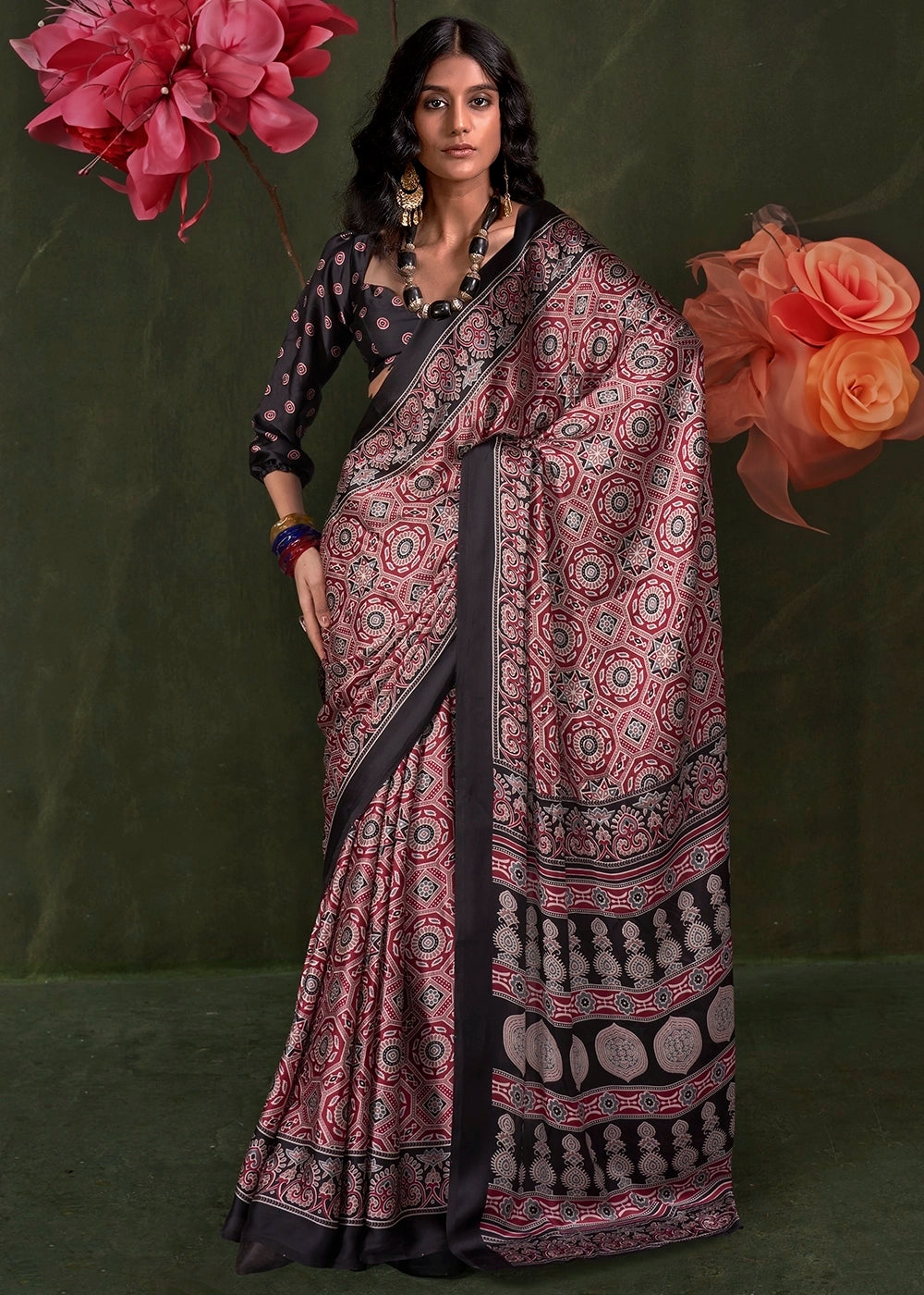 Black and Red Peinted Ajrakh - Satin Crepe Saree with Modern Touch Blouse.