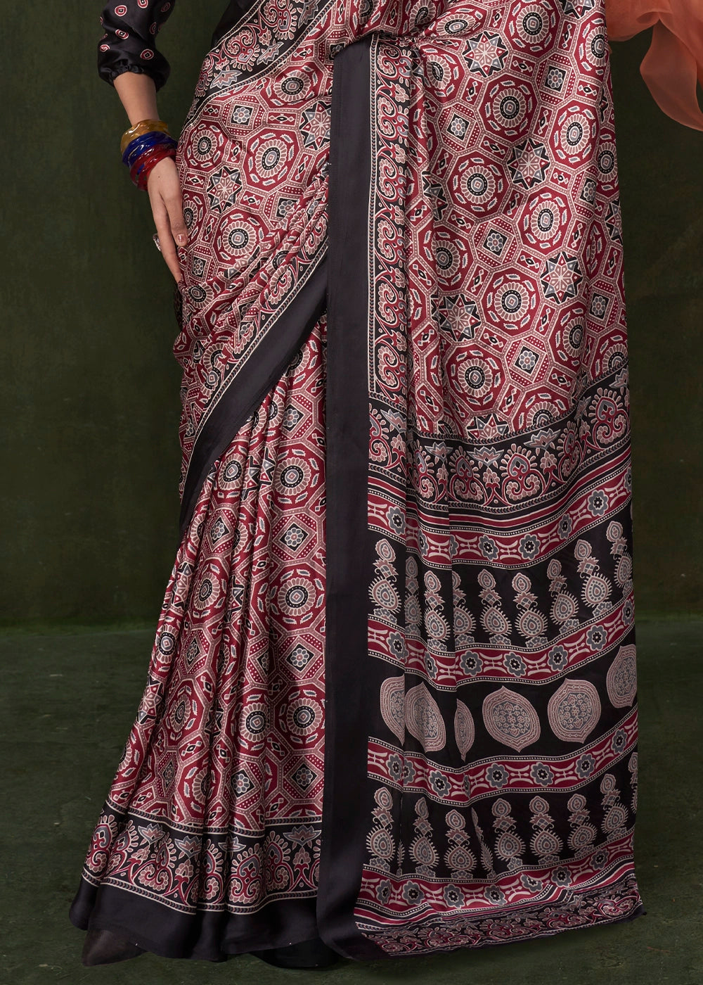 Black and Red Peinted Ajrakh - Satin Crepe Saree with Modern Touch Blouse.