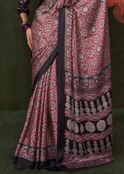 Black and Red Peinted Ajrakh - Satin Crepe Saree with Modern Touch Blouse.