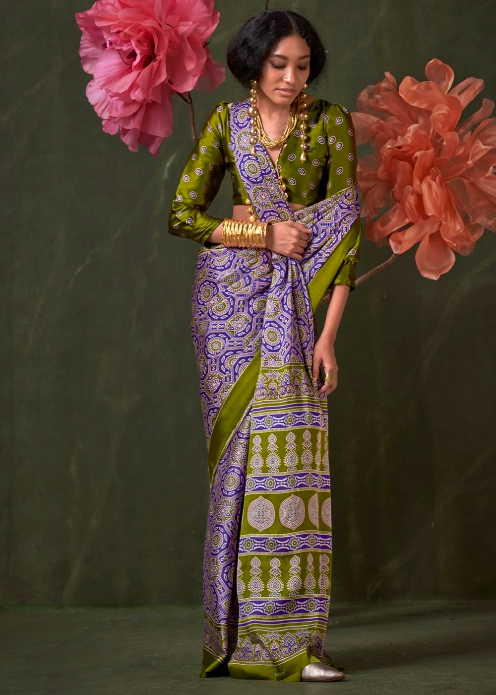 Olive Green Peinted Ajrakh - Satin Crepe Saree with Modern Touch Blouse.