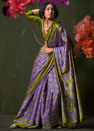 Olive Green Peinted Ajrakh - Satin Crepe Saree with Modern Touch Blouse.