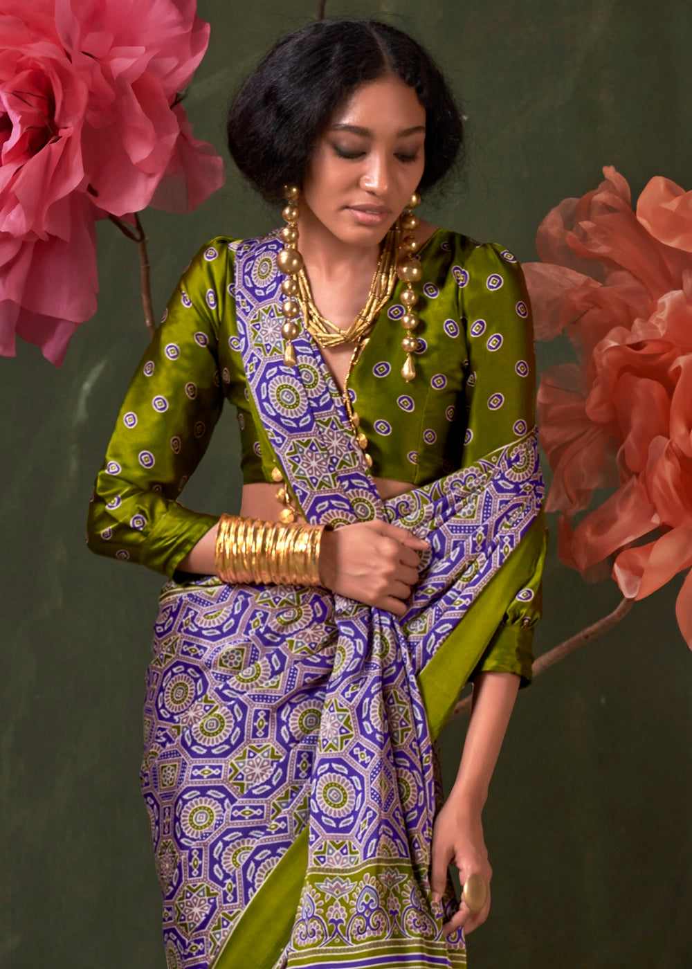 Olive Green Peinted Ajrakh - Satin Crepe Saree with Modern Touch Blouse.