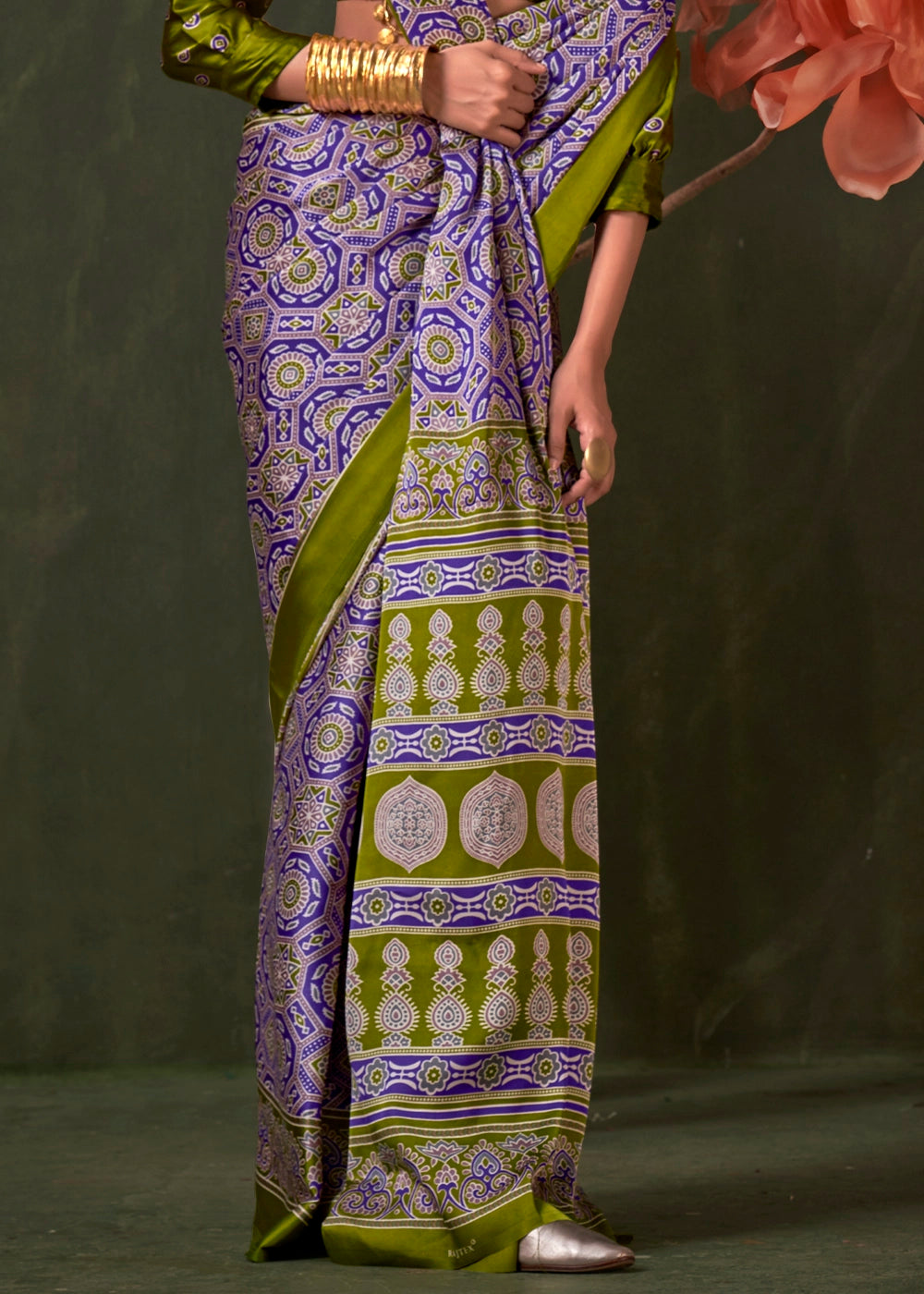 Olive Green Peinted Ajrakh - Satin Crepe Saree with Modern Touch Blouse.