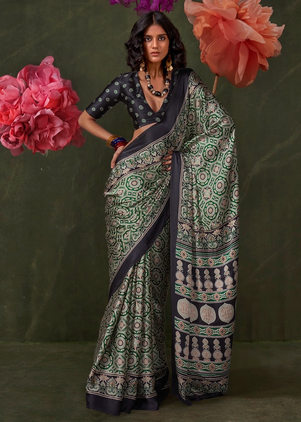Black and Green Peinted Ajrakh - Satin Crepe Saree with Modern Touch Blouse.