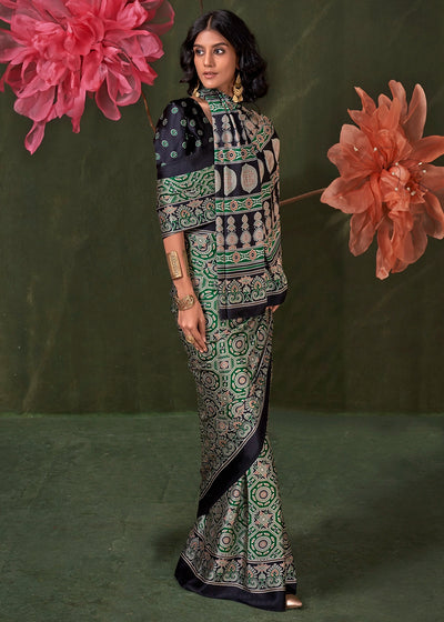 Black and Green Peinted Ajrakh - Satin Crepe Saree with Modern Touch Blouse.