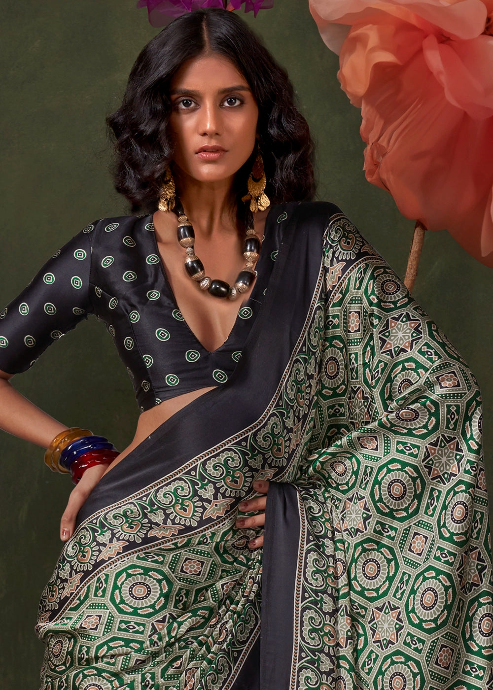 Black and Green Peinted Ajrakh - Satin Crepe Saree with Modern Touch Blouse.