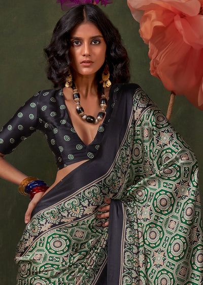 Black and Green Peinted Ajrakh - Satin Crepe Saree with Modern Touch Blouse.