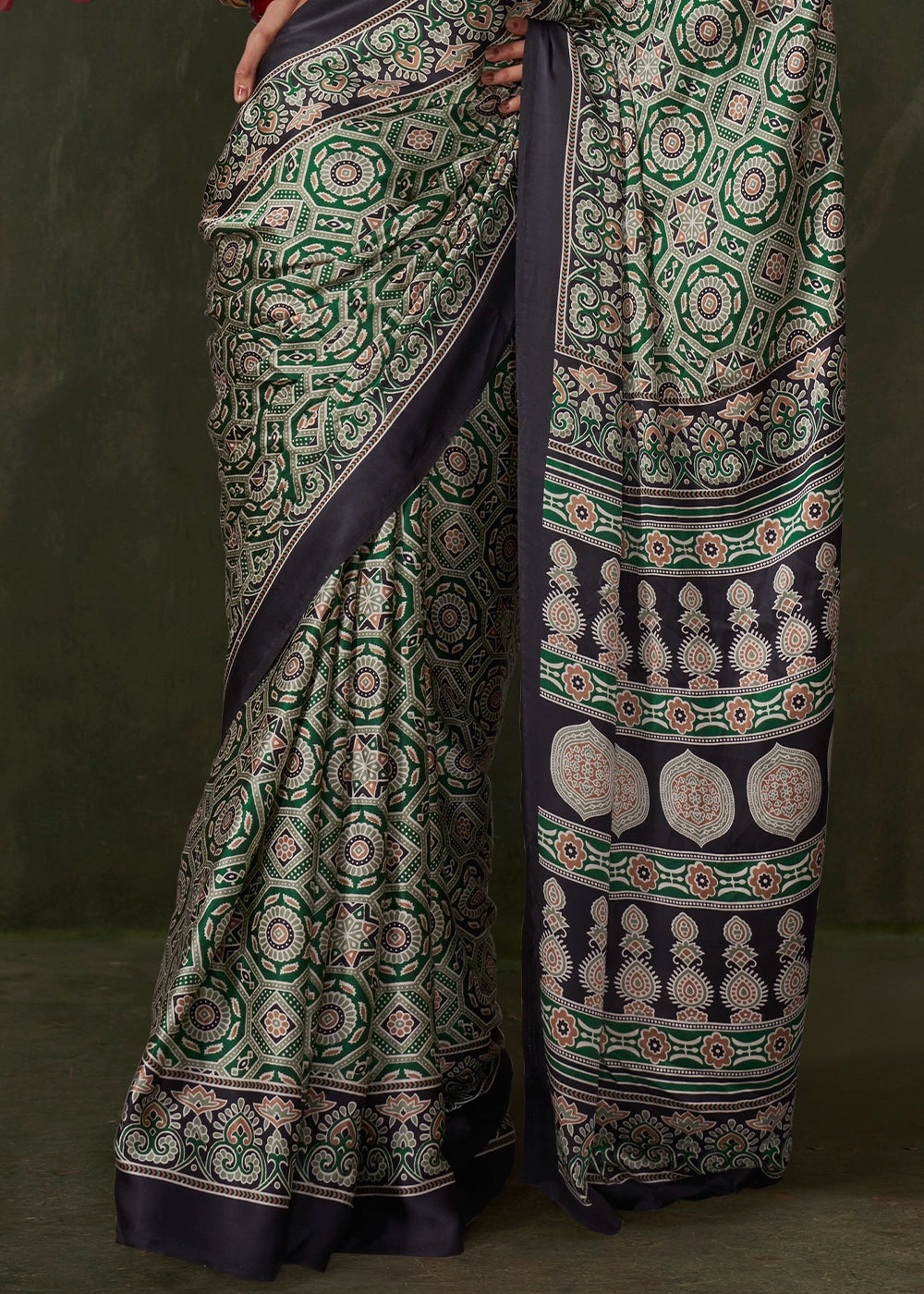 Black and Green Peinted Ajrakh - Satin Crepe Saree with Modern Touch Blouse.