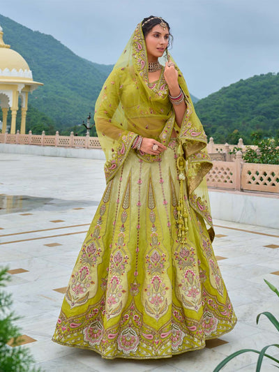 Limegreen Shade Heavy Designer Embroidered Patchwork Silk Semi Stitched Lehenga Choli