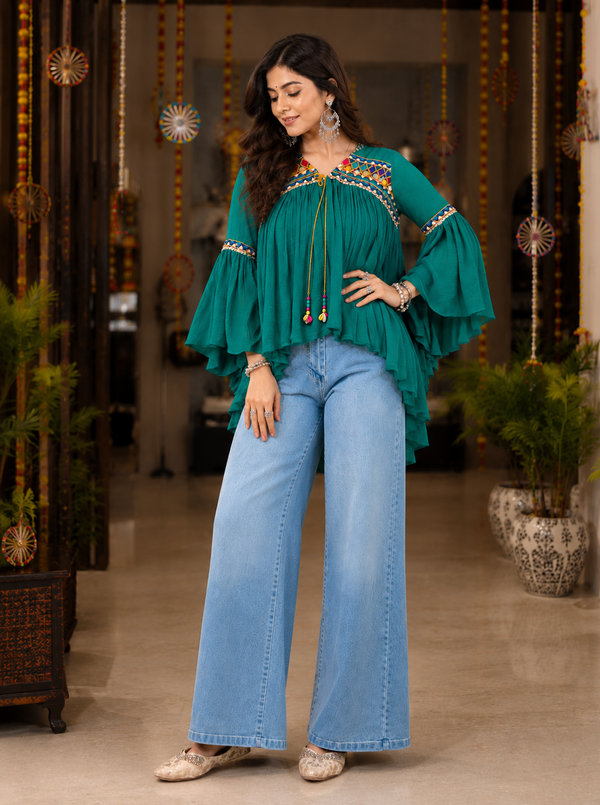 Teal Color Navratri Designer Top houseofpanchhi