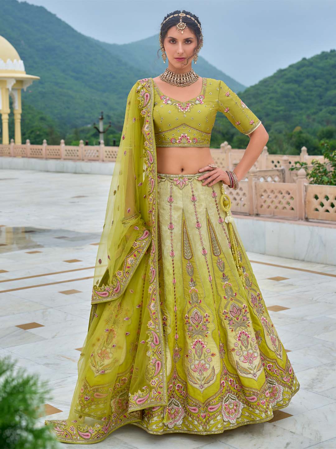 Limegreen Shade Heavy Designer Embroidered Patchwork Silk Semi Stitched Lehenga Choli