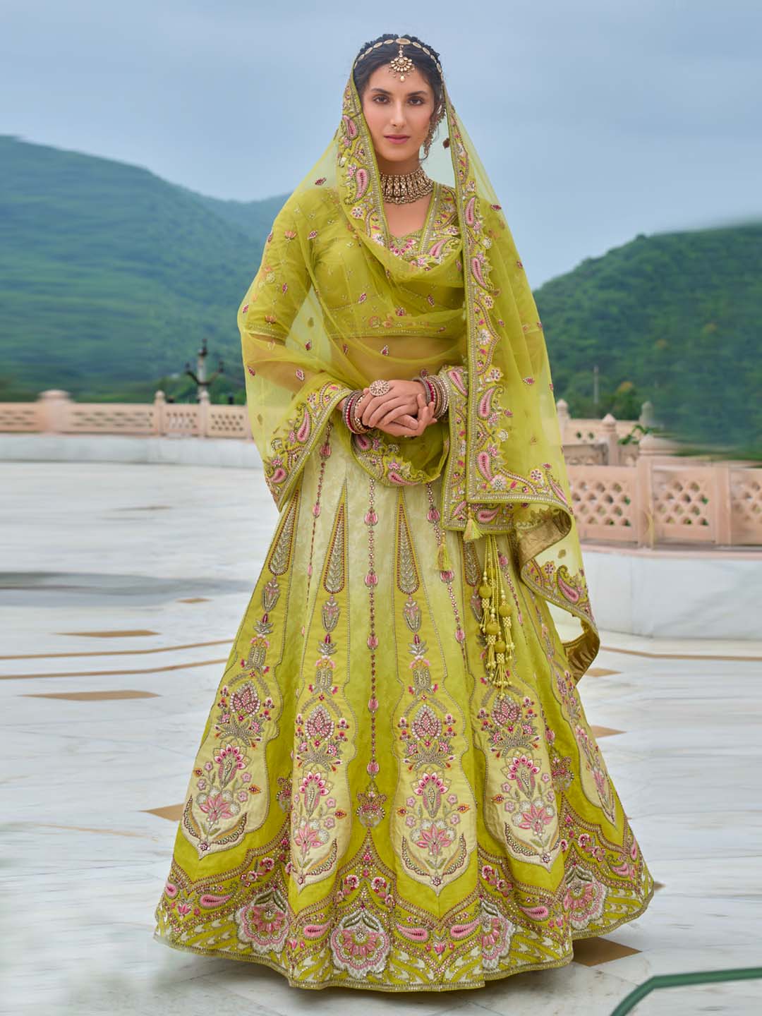 Limegreen Shade Heavy Designer Embroidered Patchwork Silk Semi Stitched Lehenga Choli