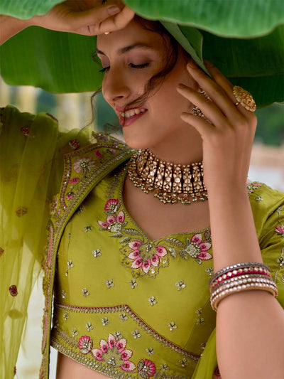 Limegreen Shade Heavy Designer Embroidered Patchwork Silk Semi Stitched Lehenga Choli