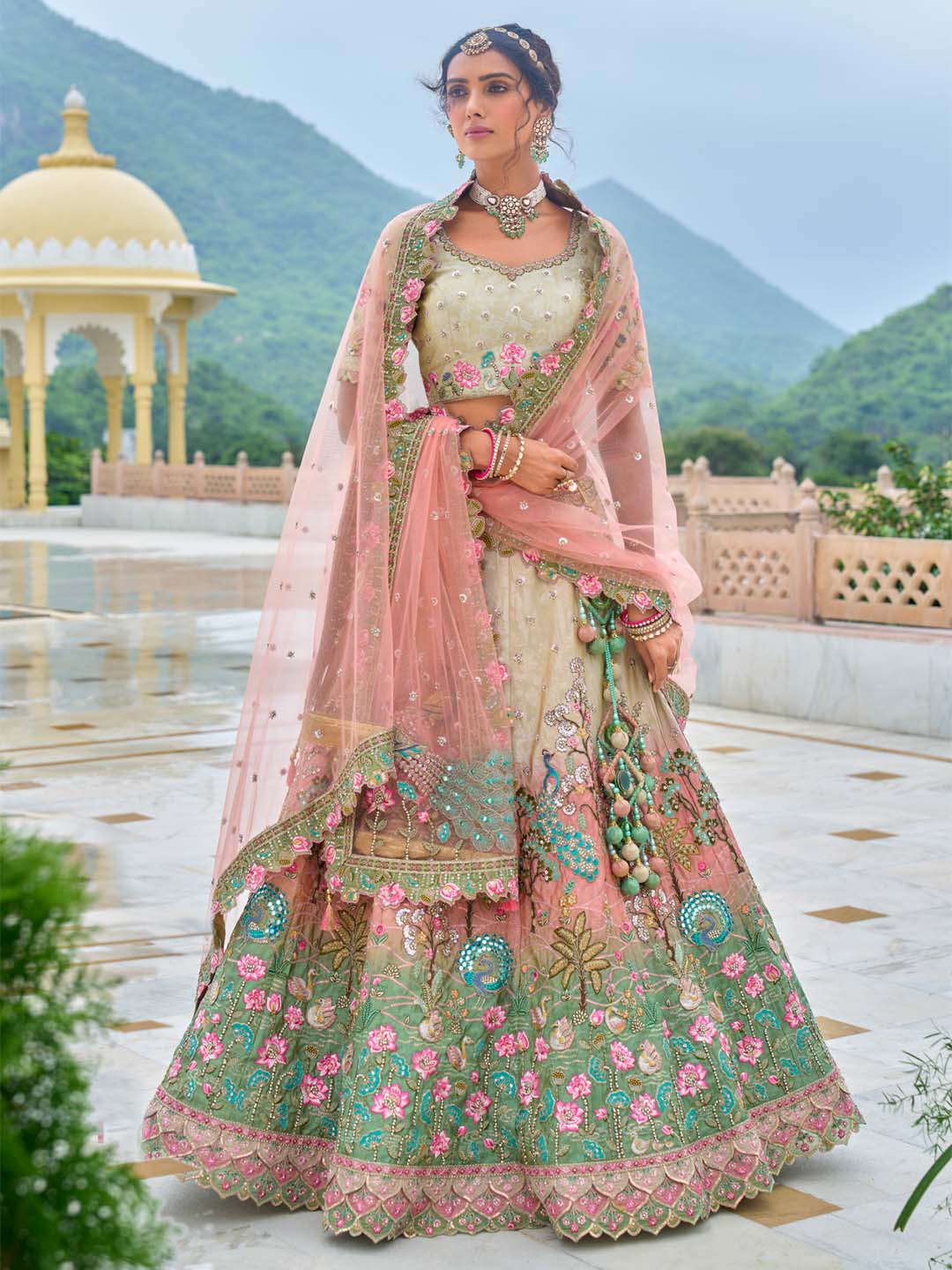 Green-Pink-Off White Heavy Embroidered Mirror Work Semi Stitched Lehenga Choli