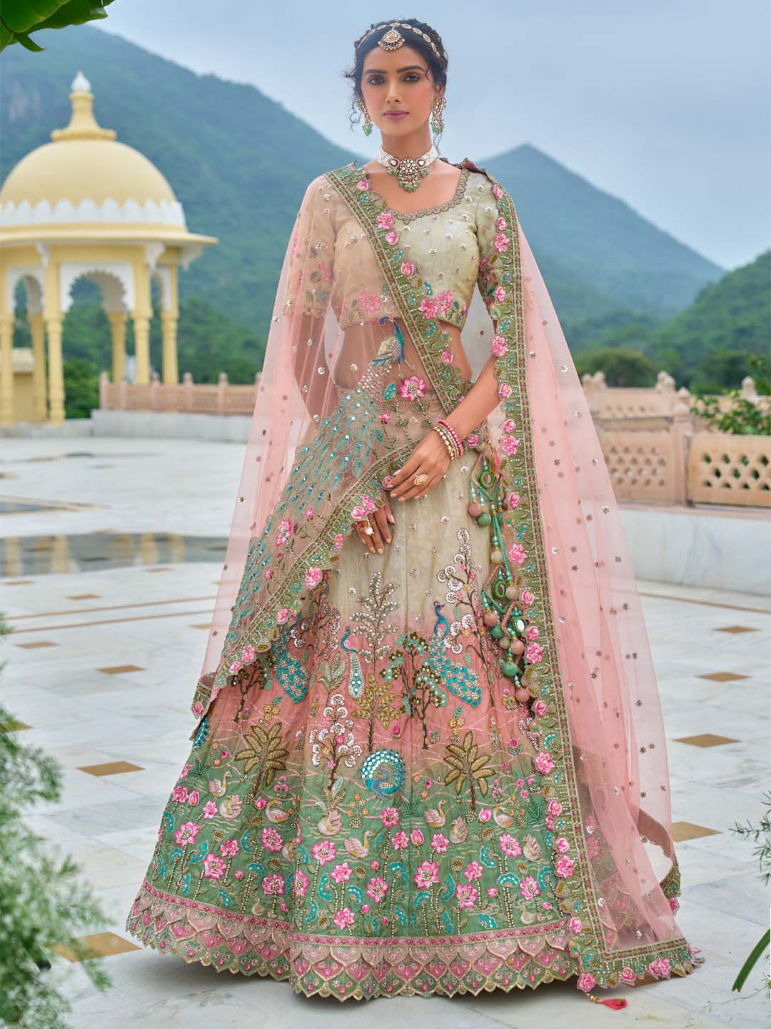 Green-Pink-Off White Heavy Embroidered Mirror Work Semi Stitched Lehenga Choli