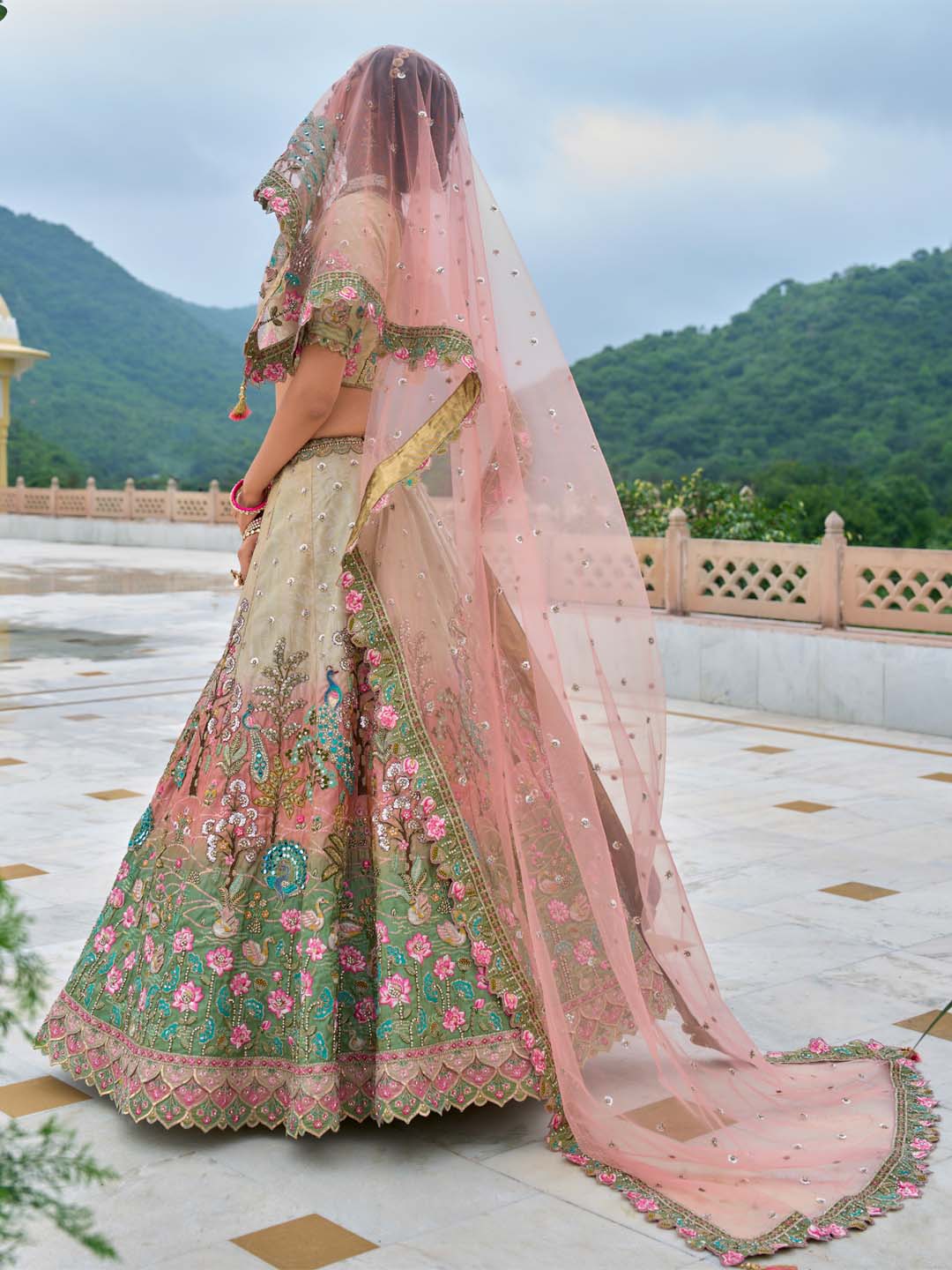 Green-Pink-Off White Heavy Embroidered Mirror Work Semi Stitched Lehenga Choli