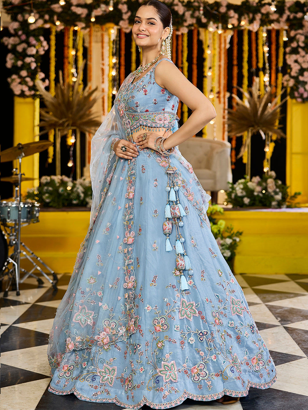 Satin Silk Fabric Sequinned Embroidered Ready to Wear Lehenga Choli & Dupatta House of Panchhi