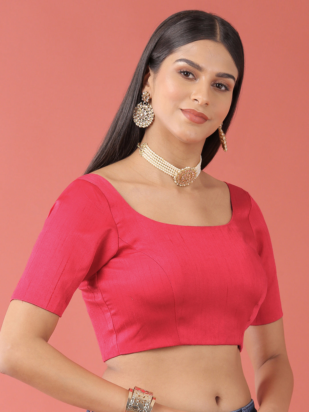 Rose Pink-Toned Pure Silk Plain Readymade Blouse