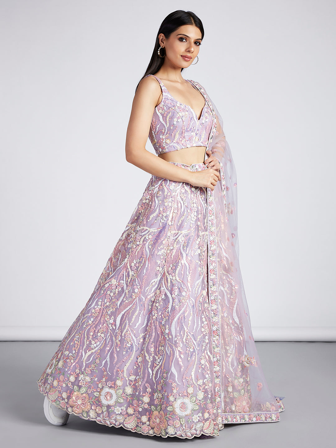 Multi-Sequins & Thread Work Embroidery Net Semi-Stitched Lehenga House of Panchhi
#color_lavender
