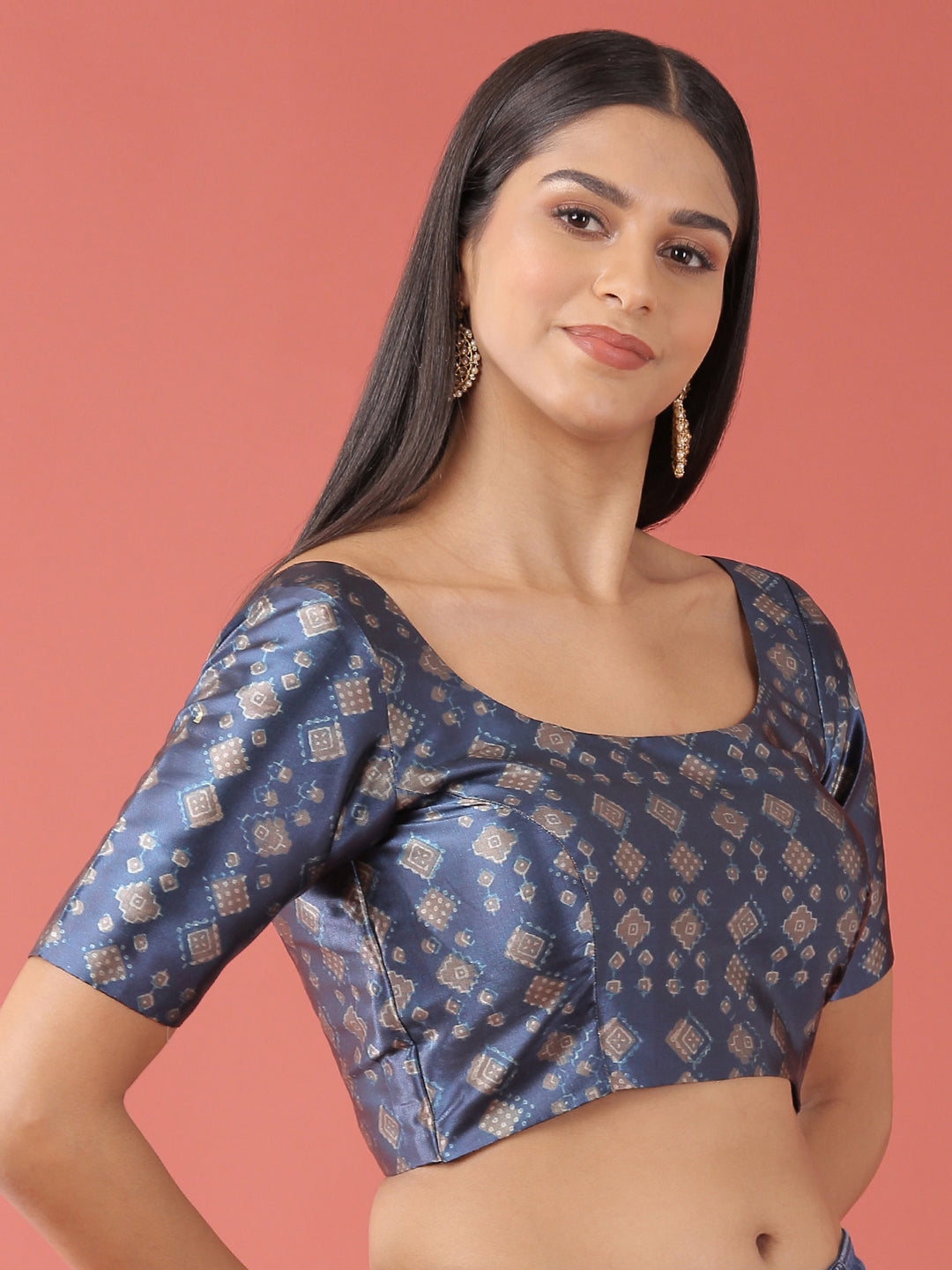 Navy Blue-Toned Polyester Gotta Print Readymade Blouse