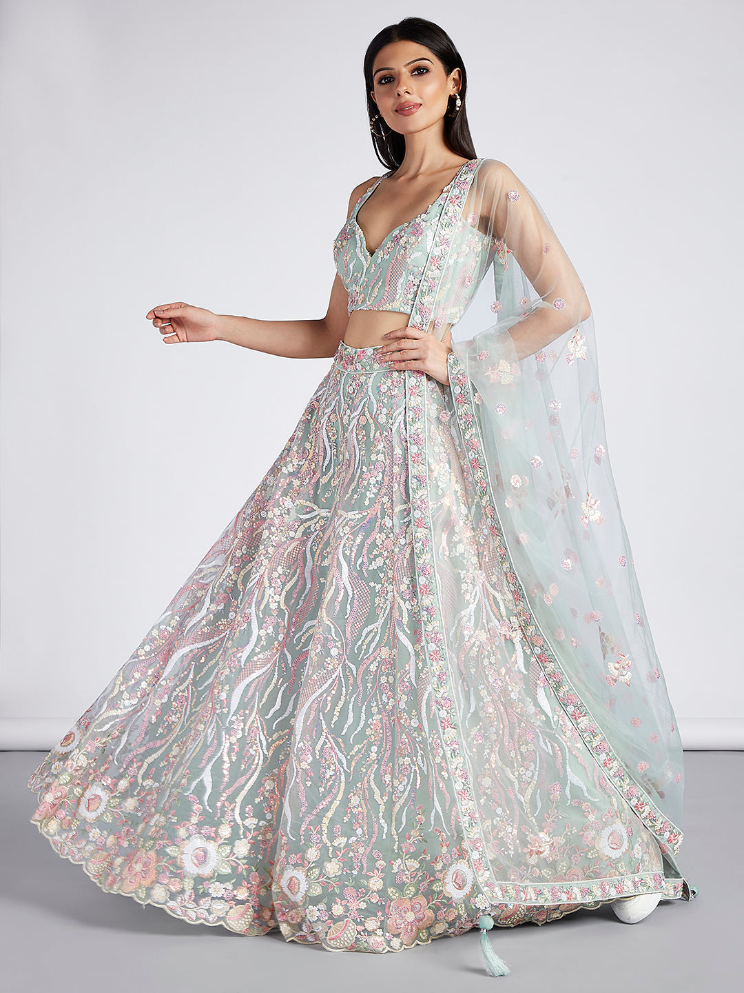 Multi-Sequins & Thread Work Embroidery Net Semi-Stitched Lehenga House of Panchhi