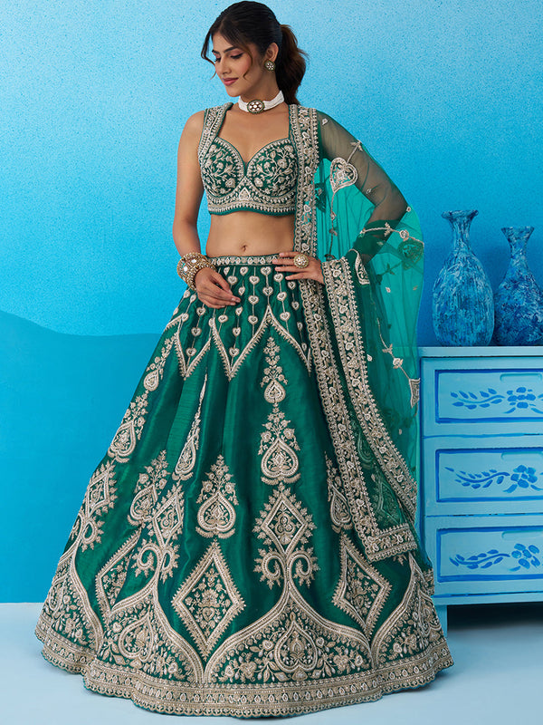 Green Silk Beads & Sequins Embroidered Semi-Stitched Lehenga Set House of Panchhi