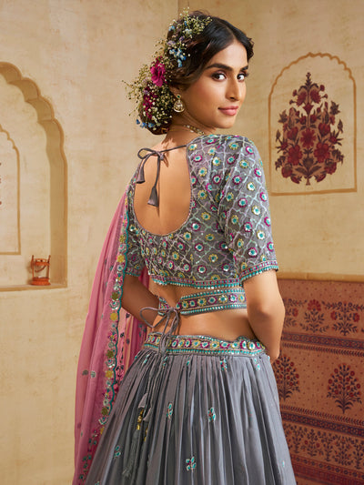 Grey Color Silk Fabric Sequins embroidery Semi-Stitched Lehenga choli & Dupatta houseofpanchhi