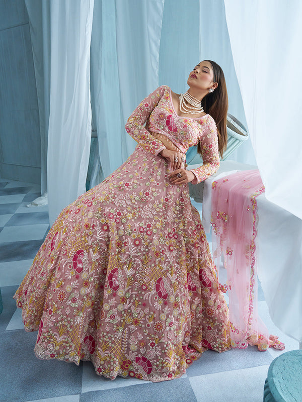 Pink Net Floral Multi Beads Embroidered Ready To Wear Lehenga Set houseofpanchhi