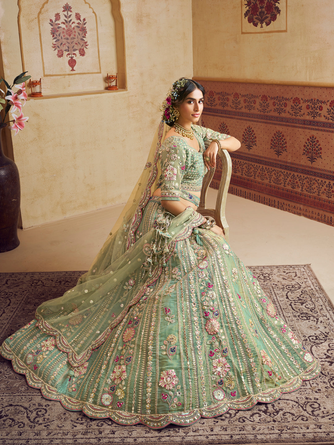 Rosegold Bridal Net Sequins, Moti, Mirror and thread embroidery Semi-Stitched Lehenga House of Panchhi