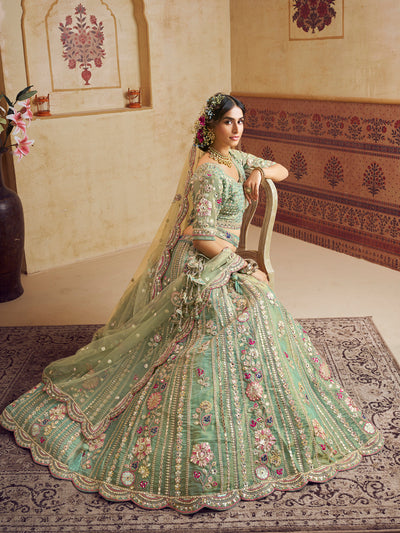 Rosegold Bridal Net Sequins, Moti, Mirror and thread embroidery Semi-Stitched Lehenga House of Panchhi