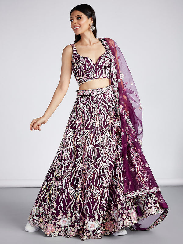 Multi-Sequins & Thread Work Embroidery Net Semi-Stitched Lehenga