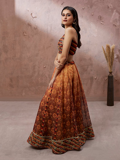 Brown Organza Floral Print and sequinse work Semi-Stitched Lehenga choli