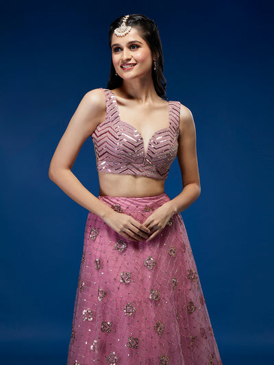 Pink Net Sequins Embroidered Semi-Stitched Lehenga