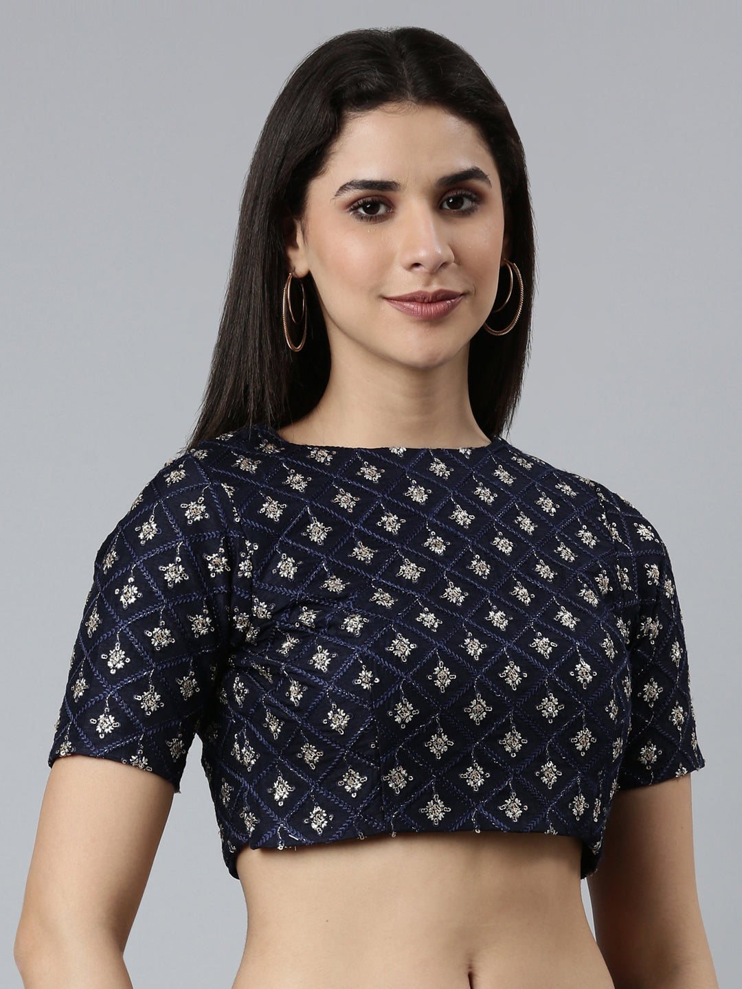 Navy Blue Embroidered Zari Work Georgette Readymade Blouse