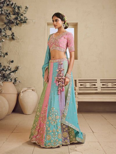 Multi Color Kali Georgette Fabric Golden Sequined,Thread,Coding Embroidered Semi-Stitched Lehenga choli House of Panchhi
