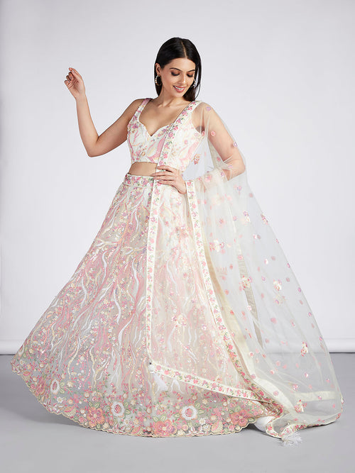 Multi-Sequins & Thread Work Embroidery Net Semi-Stitched Lehenga