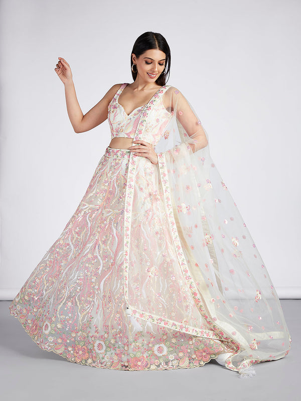 Multi-Sequins & Thread Work Embroidery Net Semi-Stitched Lehenga