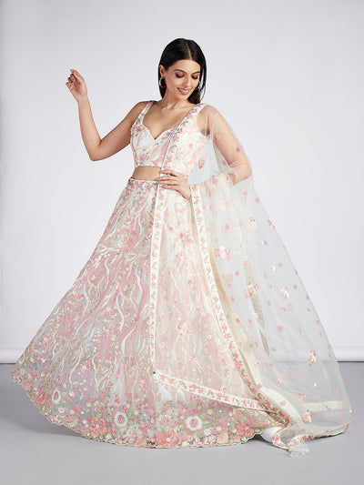 Multi-Sequins & Thread Work Embroidery Net Semi-Stitched Lehenga House of Panchhi
#color_cream