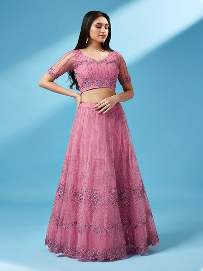 Fully Embroidered Net Semi-Stitched Lehenga