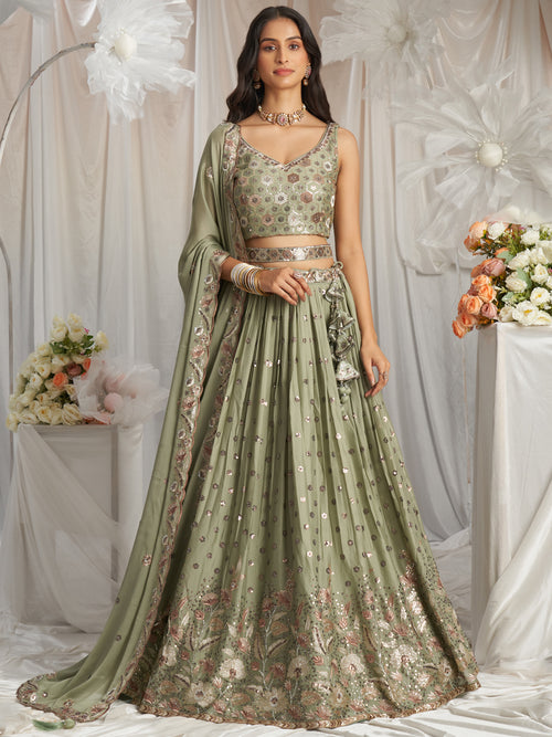 Golden Dull-Bright Sequin,Golden-Sliver Threaded Embroidered Georgette Semi-Stitched Lehenga choli