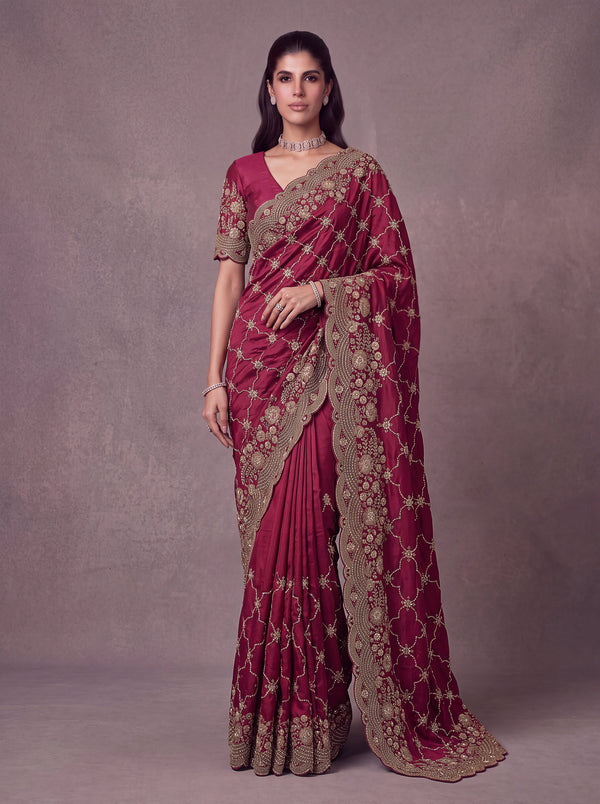 Maroon Satin Silk Fabric Heavy Zari Embroidered With Zarkan Work Saree House of Panchhi