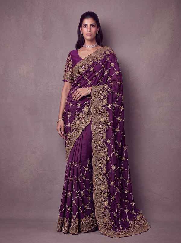Deep Wine Purple Satin Silk Fabric Heavy Zari Embroidered With Zarkan Work Saree House of Panchhi