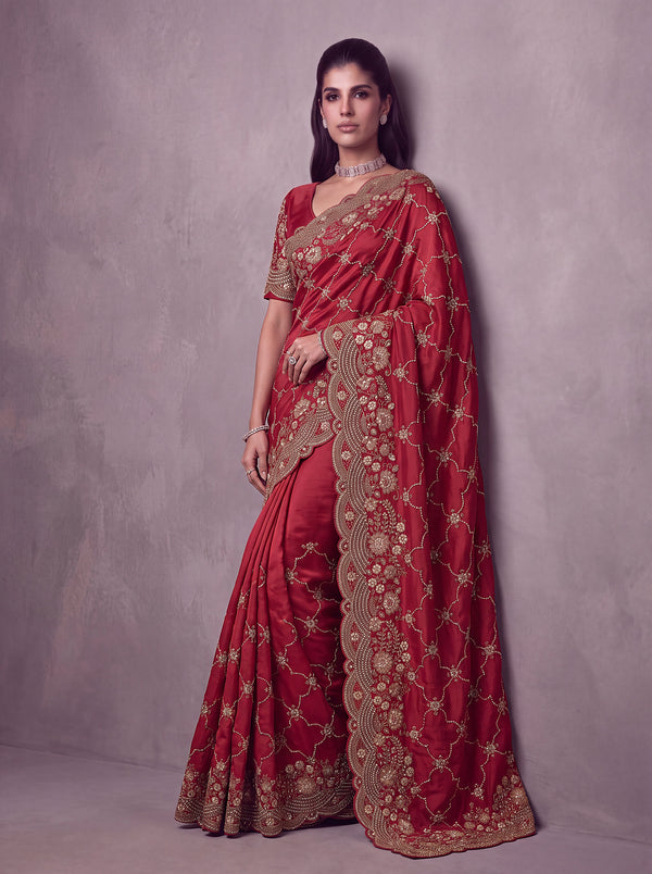 Red Satin Silk Fabric Heavy Zari Embroidered With Zarkan Work Saree House of Panchhi