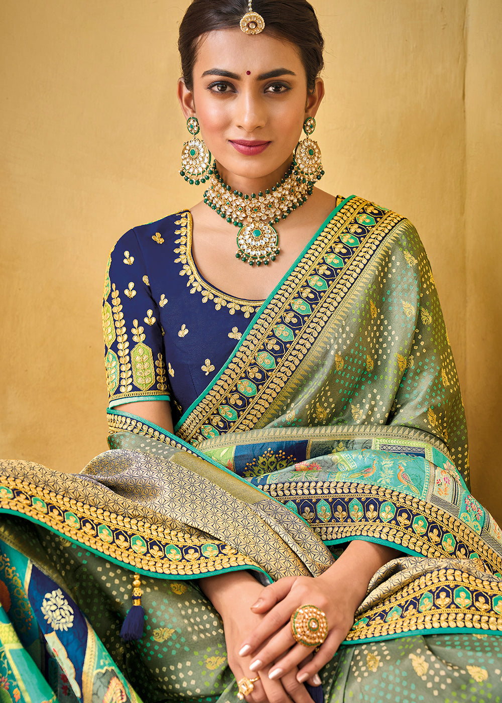 Grey-Green-Blue Color Pure Dola Silk Gota Patti Embroiderey Work Saree