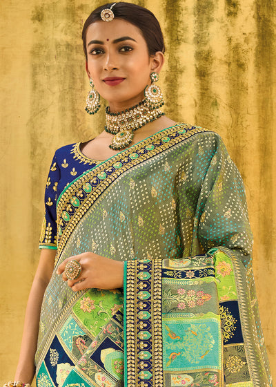 Grey-Green-Blue Color Pure Dola Silk Gota Patti Embroiderey Work Saree